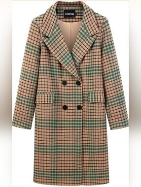 Plaid Double Breasted Long Pea Coat